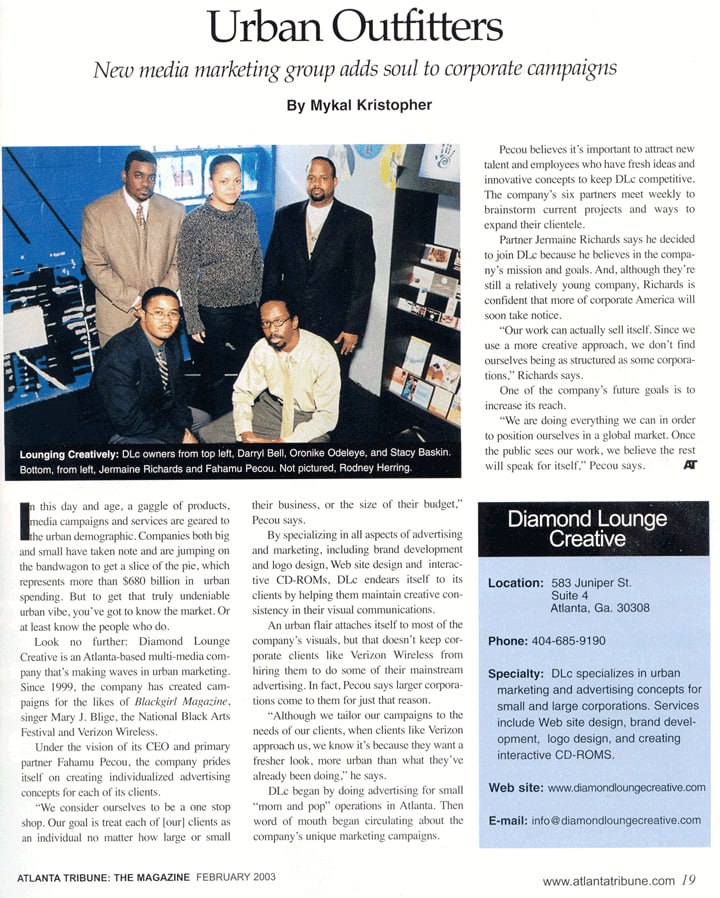 Atlanta Tribune — 'Urban Outfitters' feature on Diamond Lounge Creative, February 2003